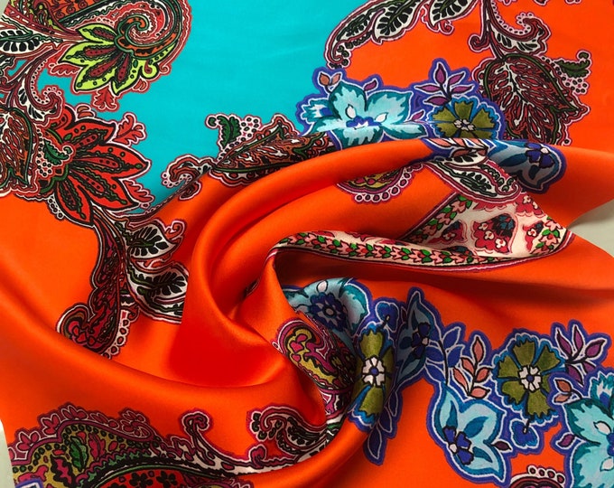 100% silk satin charmeuse digital print 54" wide    Beautiful orange turquoise paisley floral print silky soft fabric 54” wide