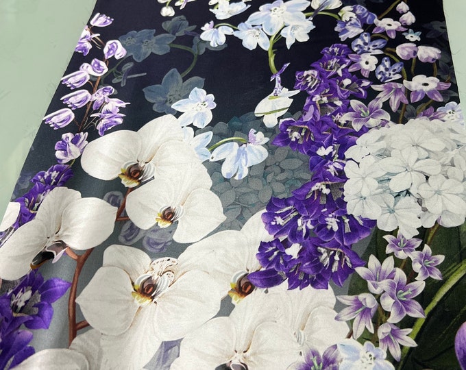 100% silk satin charmeuse digital print 54" wide    Beautiful border style black base with big purple white floral soft fabric 54” wide