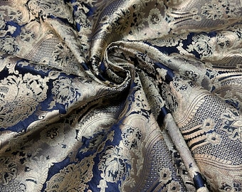 Jaquard floral brocade 44" wide   Beautiful Navy Gold floral vintage brocade sold by the yard   Useable for apparel and interior decore