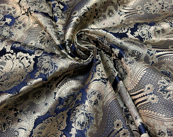Jaquard floral brocade 44" wide   Beautiful Navy Gold floral vintage brocade sold by the yard   Useable for apparel and interior decore