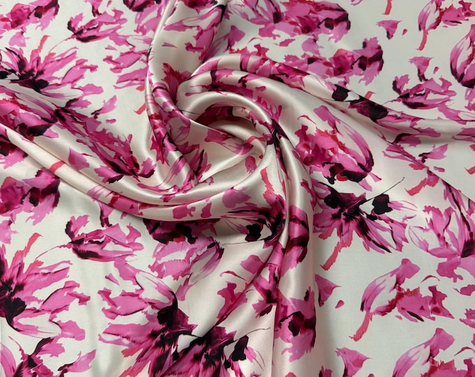 100% silk satin charmeuse digital print 54" wide    Beautiful ivory base with pink Fusia floral design silk fabric 54” wide
