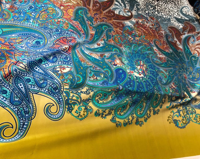 100% silk satin charmeuse digital print 54" wide    Beautiful yellow leopard animal paisley center border design print  silky soft fabric