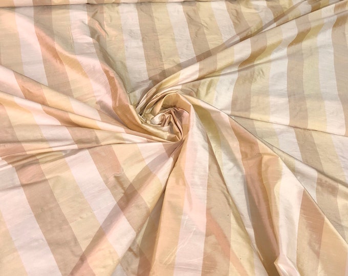 100% silk shantung stripe, 54" wide. Beautiful ivory brownish yellow gold. Fabric sold by the yard.