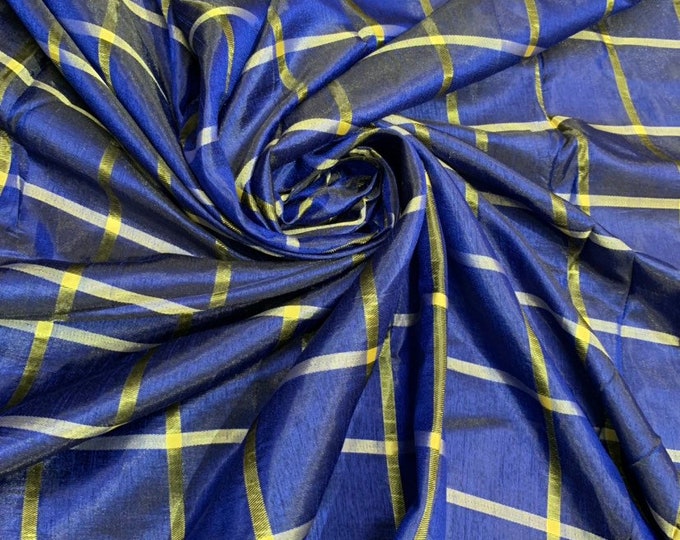 Viscose poly silky crepe check 44" wide   Beautiful Royal Navy blue with gold colors sold by the yard
