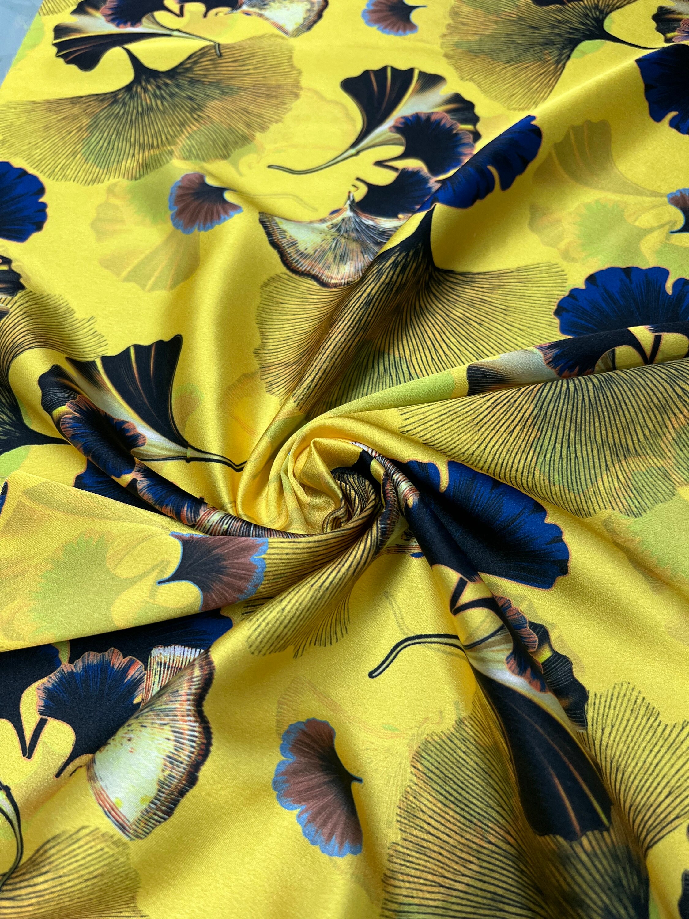 Mood Exclusive Italian Yellow and Green Sunflowers Digitally Printed Silk Charmeuse