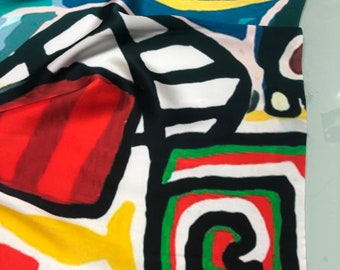 100% silk satin charmeuse digital print 54" wide    Beautiful abstract design multi color print silky soft fabric 54” wide