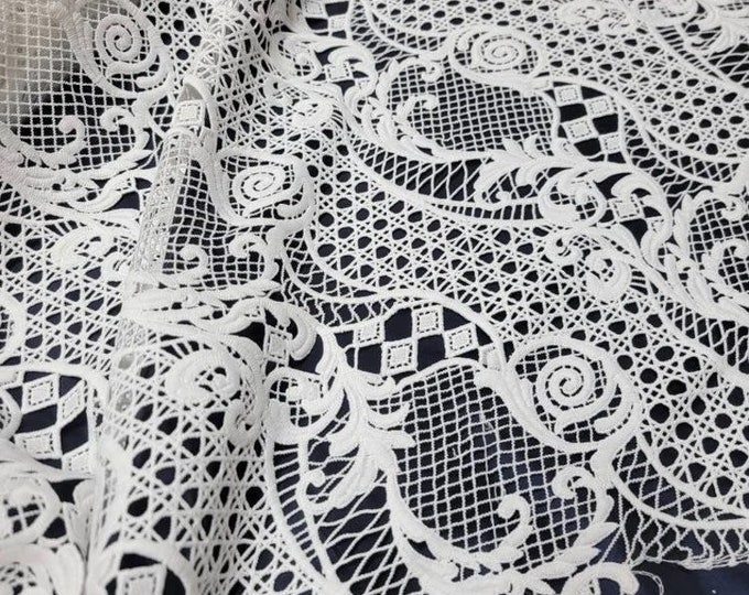 Guipure lace fabric 50” wide. Beautiful stripe pattern paisley floral design, natural white color.