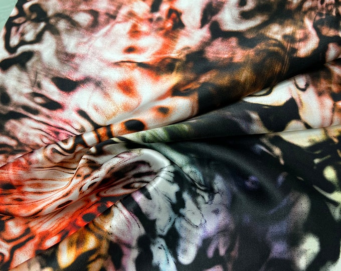 100% silk satin charmeuse digital print 54" wide    Beautiful multi color abstract fire style design soft fabric 54” wide