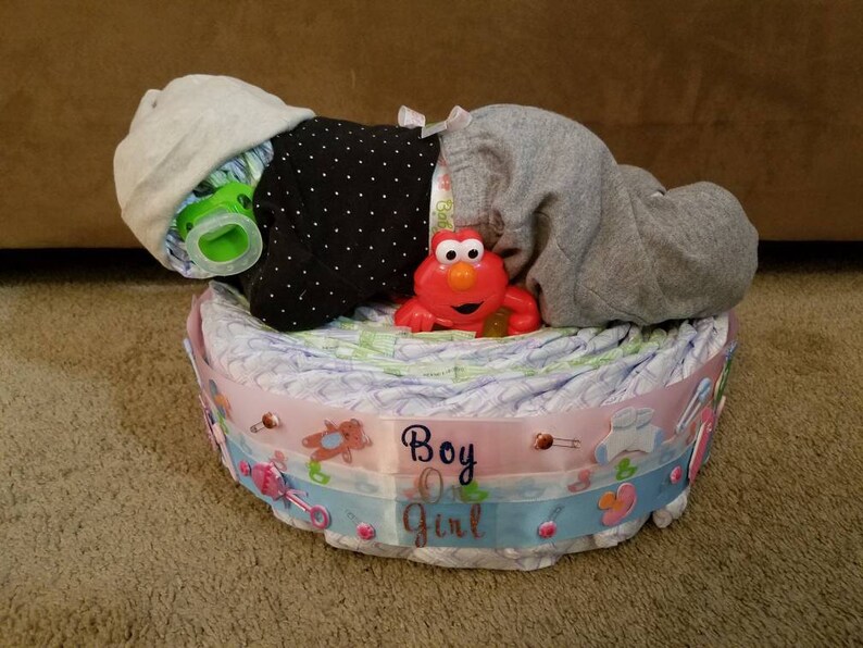 Diaper cake, sleeping baby, gender reveal, baby shower centerpiece