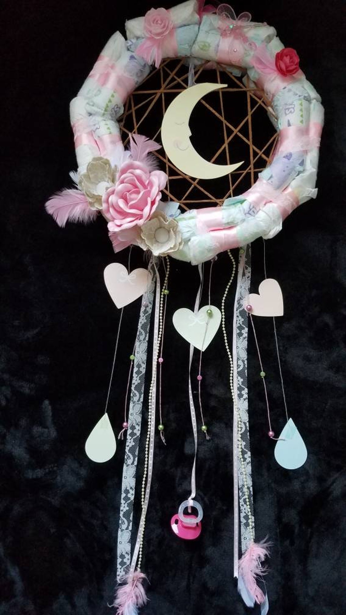 Diaper Cake, Diaper Wreath, Dream Catcher, Baby Shower Decor, Baby Shower, Centerpiece, Handmade