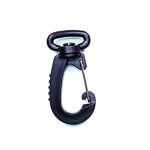 May include: Black plastic clip with a metal spring. The clip has a hook on one end and a loop on the other.