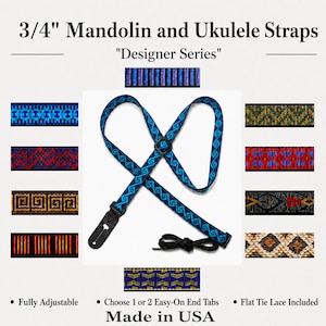 May include: A 3/4 inch wide mandolin and ukulele strap from the Designer Series with a blue geometric pattern, a black plastic adjuster, a black leather-like end tab, and a black flat tie lace. The image displays various colorful woven strap patterns.