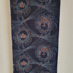 May include: Black fabric with a repeating pattern of stylized birds in a circle with radiating lines. The birds are in shades of brown and white, and the lines are in shades of blue.