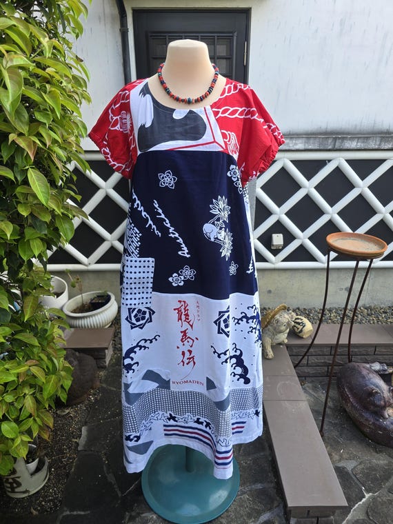 Kimono remake, handmade tenugui, patchwork dress - image 4