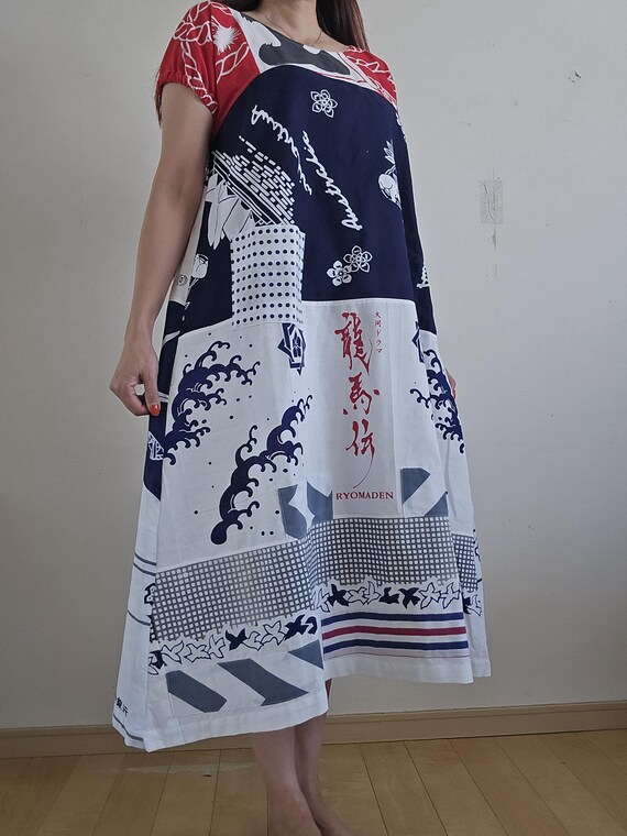 Kimono remake, handmade tenugui, patchwork dress - image 3