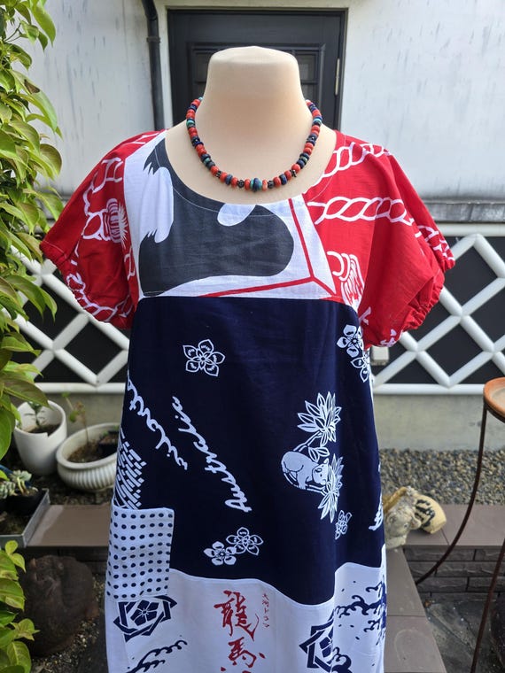 Kimono remake, handmade tenugui, patchwork dress - image 5