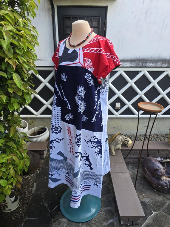 Kimono remake, handmade tenugui, patchwork dress - image 7