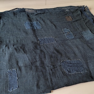 May include: A dark blue rectangular textile featuring a visible weave and multiple rectangular patches of varying shades of blue stitched onto the surface. The fabric has a frayed edge along the top and sides, with a textured, worn appearance.