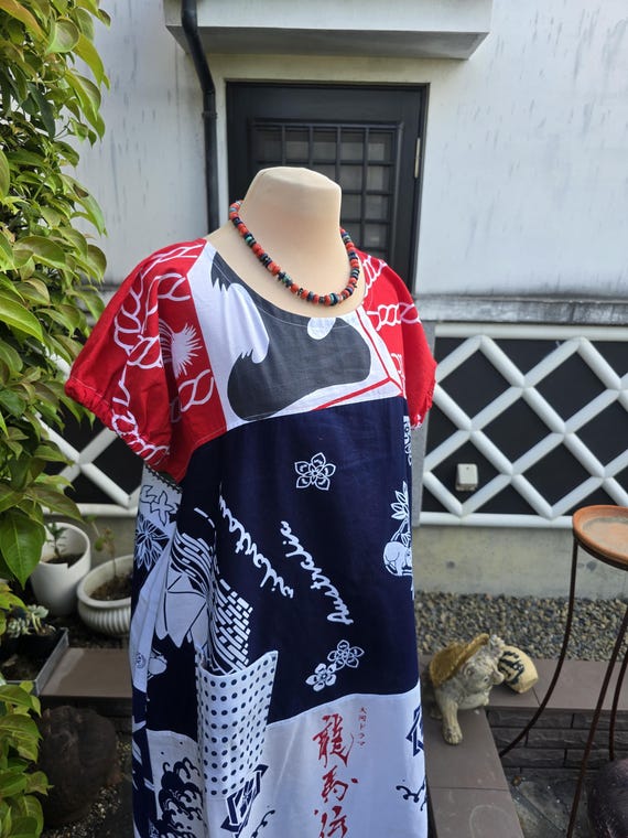 Kimono remake, handmade tenugui, patchwork dress - image 8