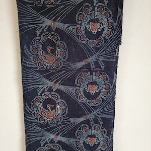 May include: A dark blue fabric with a repeating pattern of stylized birds in a circle. The birds are brown and white and the circles are outlined in white. The background is a dark blue with a subtle pattern of small white dots.