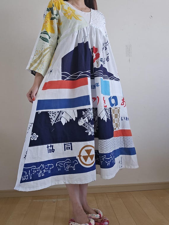 Kimono remake, handmade tenugui, patchwork dress - image 3