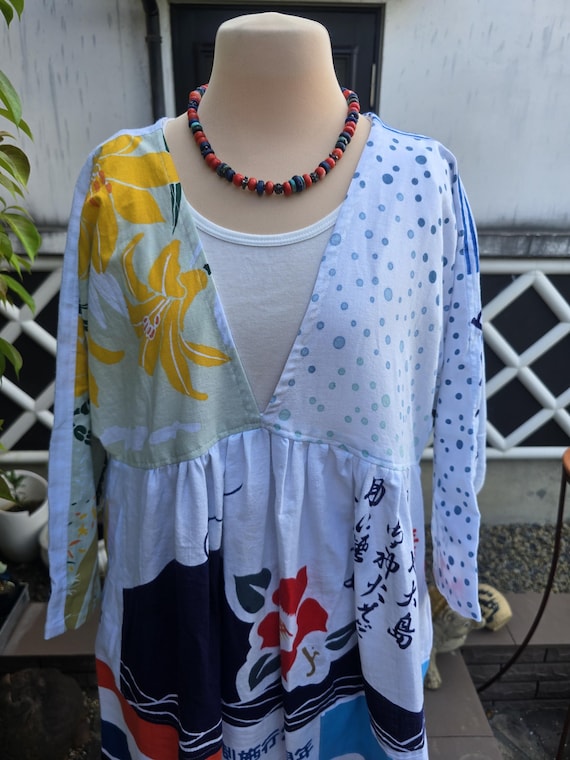 Kimono remake, handmade tenugui, patchwork dress - image 8