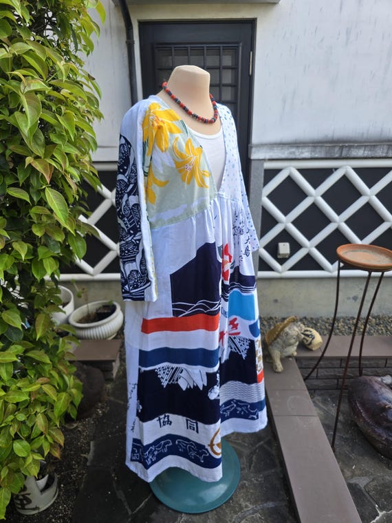 Kimono remake, handmade tenugui, patchwork dress - image 6