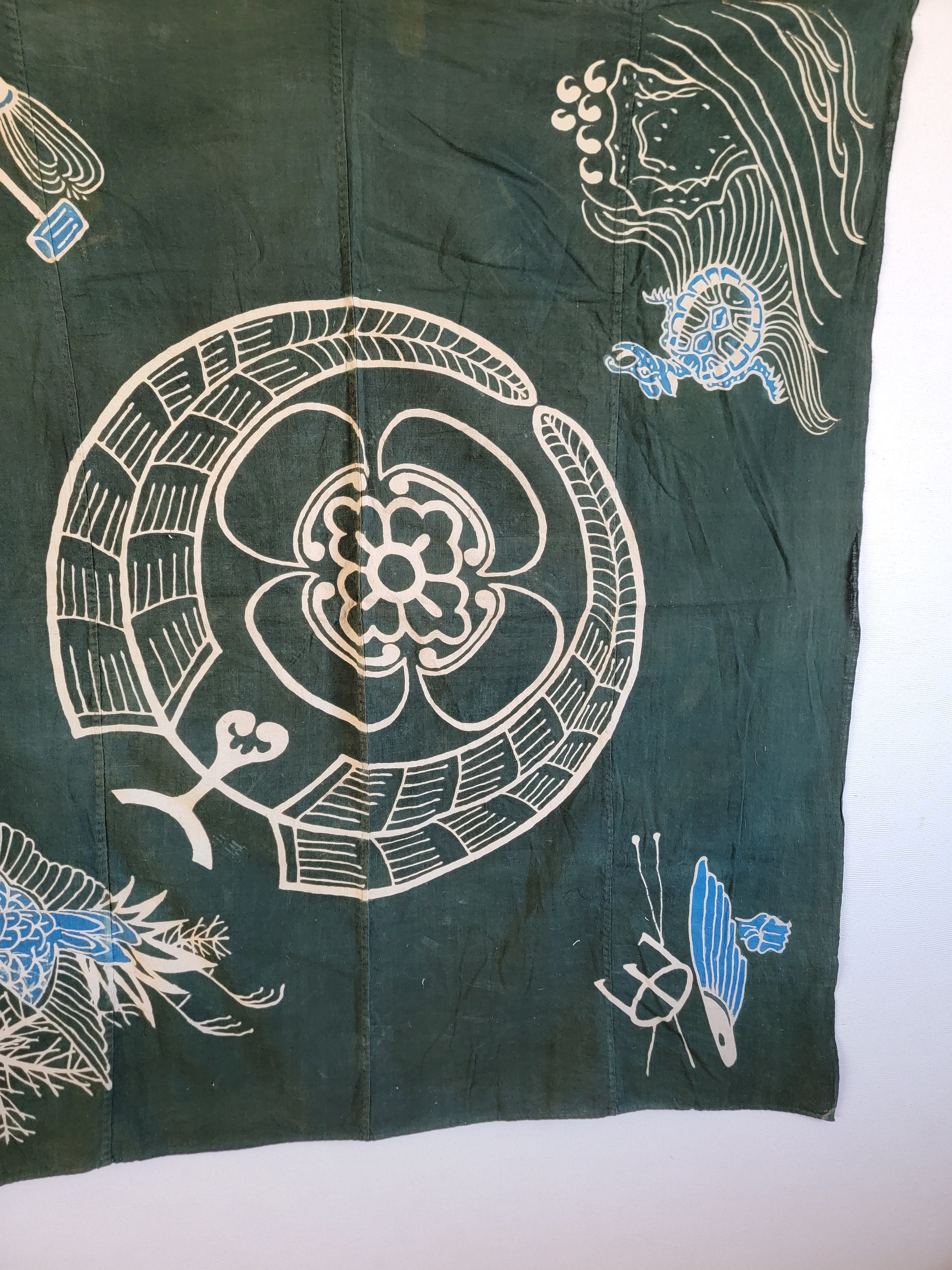 1910s Vintage Japanese Kimono Fabric, BORO, Furoshiki, Dyed