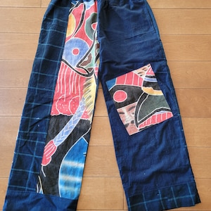 Kimono remake handmade plain indigo and Nobori pants