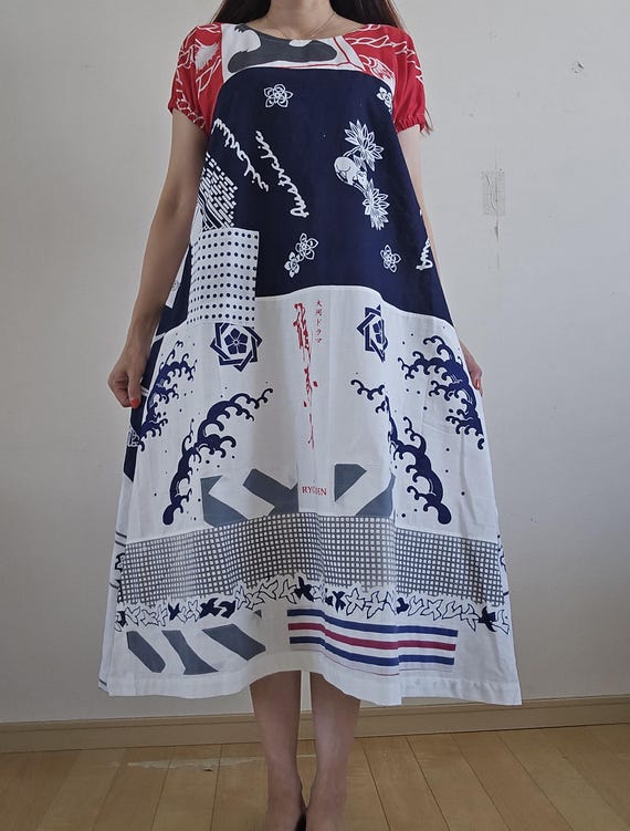 Kimono remake, handmade tenugui, patchwork dress - image 1