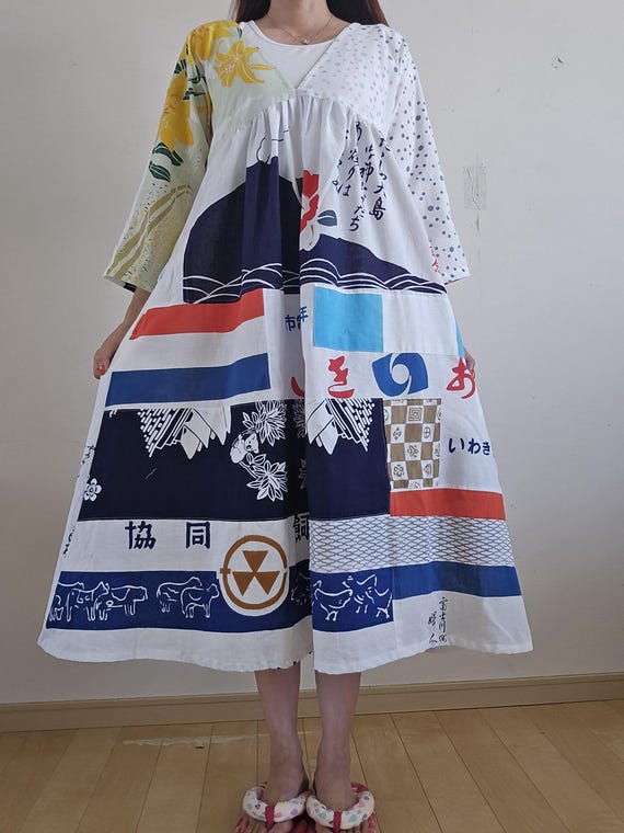 Kimono remake, handmade tenugui, patchwork dress - image 1