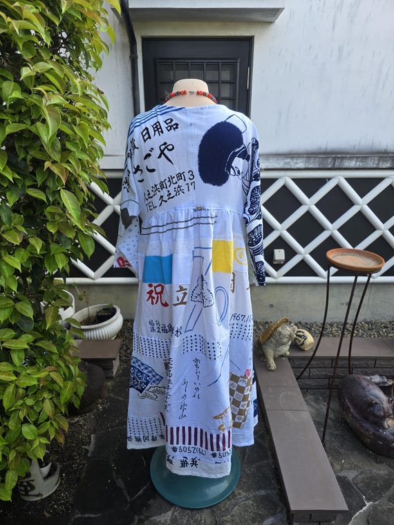 Kimono remake, handmade tenugui, patchwork dress - image 9
