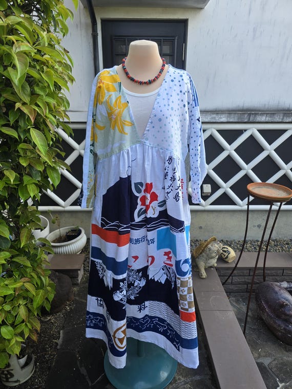 Kimono remake, handmade tenugui, patchwork dress - image 5