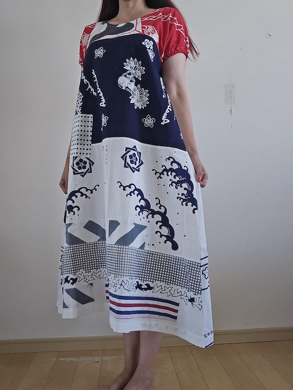 Kimono remake, handmade tenugui, patchwork dress - image 2