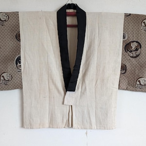 1930s, Japanese Daruma Haori Jacket, Vintage Textile Patchwork Kimono Coat, Good Luck Doll Pattern, Neutral Beige Unisex Boho Clothing