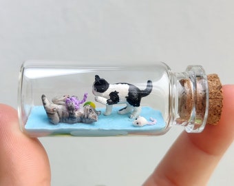 Cute ittle kittens in a glass-bottle / unique miniature figure/ handmade artwork / customizable