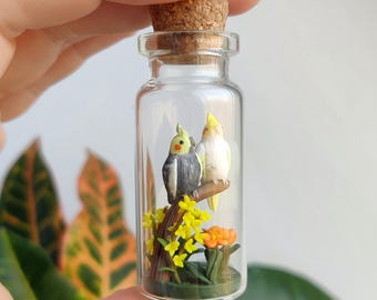 two little cockatiels surrounded by flowers in glass-bottle / unique miniature figure/ handmade artwork