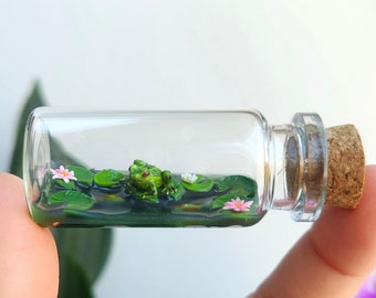 little frog on a lily pad in glass-bottle / unique miniature figure/ handmade artwork