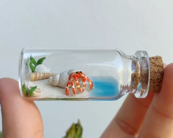 little hermit crab on the beach in a glass-bottle / unique miniature figure/ handmade artwork