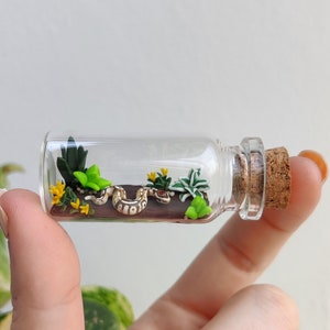 May include: A small glass bottle with a cork stopper contains a miniature scene of a snake, plants, and flowers. The snake is brown and white with a red head. The plants are green and the flowers are yellow.