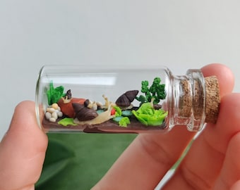little snail family in glass-bottle / unique miniature figure/ handmade artwork