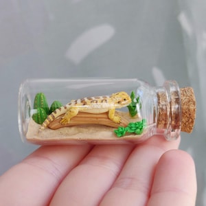 tiny cute bearded dragon in a glass-bottle / unique miniature figure/ handmade artwork