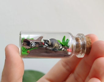 two little racoons in a glass-bottle / unique miniature turtle figure/ handmade artwork