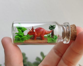 cute triceratops in a glass-bottle / unique miniature figure szene/ handmade artwork
