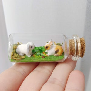 Due piccoli conigli in una bottiglia di vetro / statuetta in miniatura unica / opera d'arte fatta a mano / personalizzabile