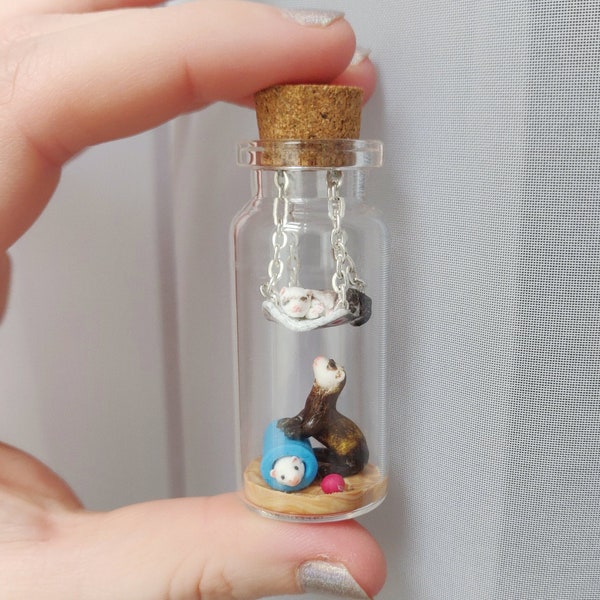 three little ferrets in a glass-bottle / unique miniature figure/ handmade artwork / customizable