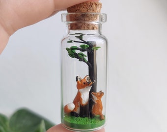 Fox with cub in glas-bottle / unique miniature figure/ handmade artwork