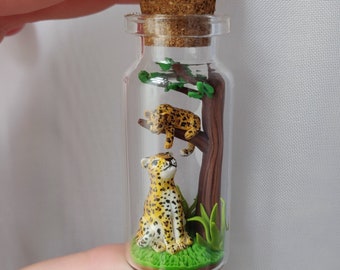 leopard with baby in glass-bottle / unique miniature figure/ handmade artwork