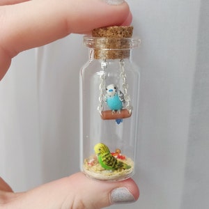 two cute budgies in a glass-bottle / unique miniature figure/ handmade artwork