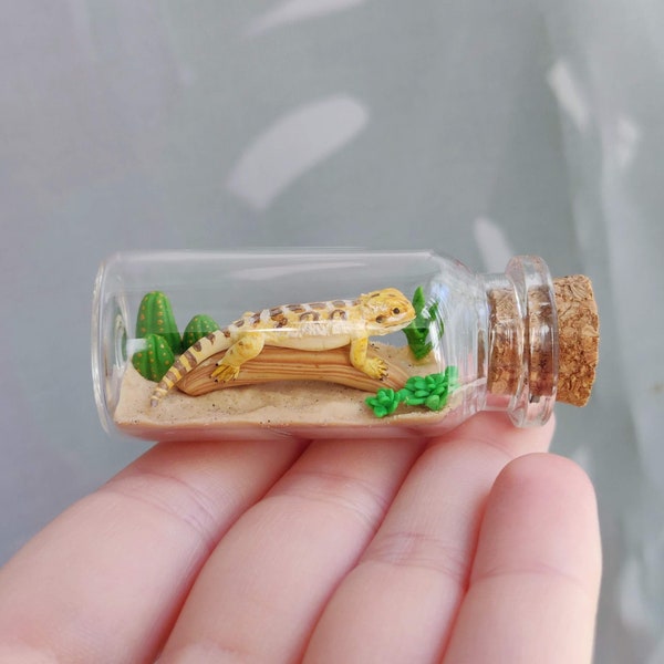 tiny cute bearded dragon in a glass-bottle / unique miniature figure/ handmade artwork